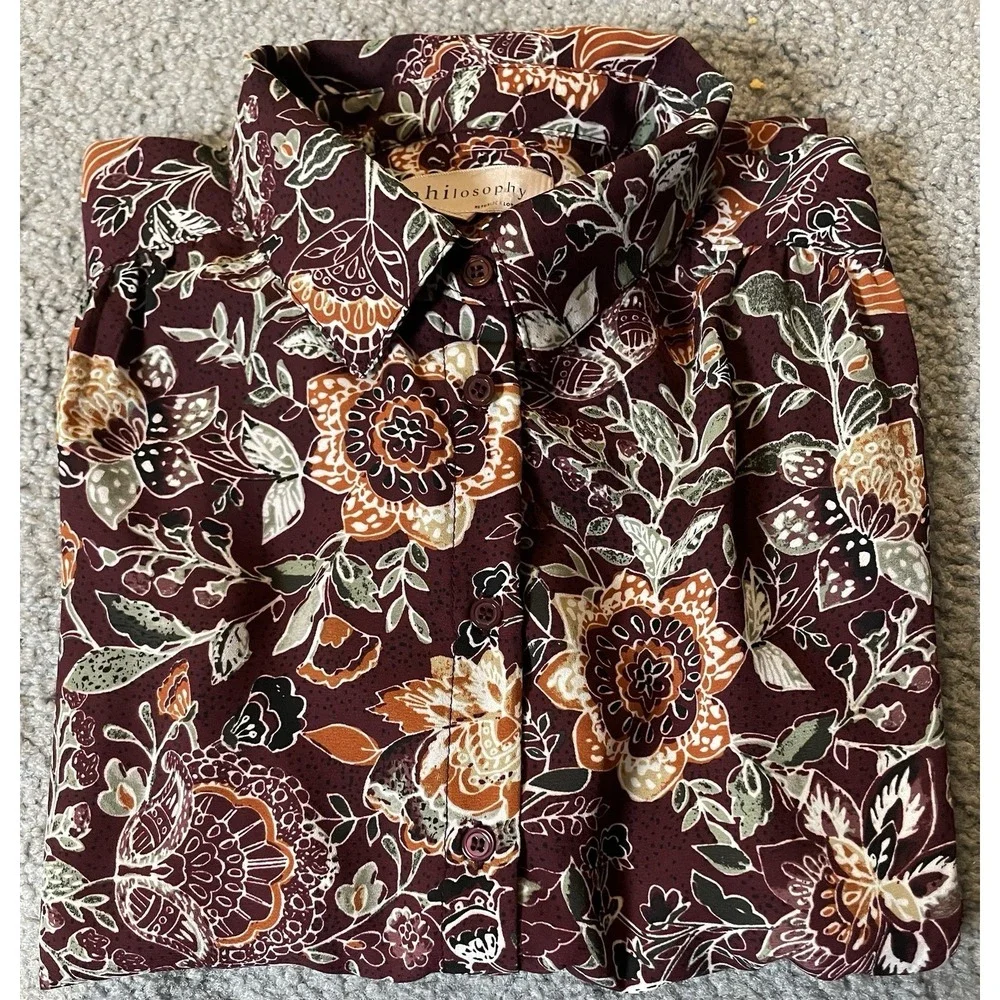 Anthropologie Philosophy Floral Button Blouse Sz M Burgundy Orange Career Boho - Picture 12 of 12